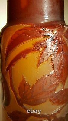Emile Galle Style Art Nouveau Acid Etched Frosted Cameo Glass Vase Fruit Amber