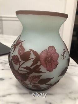 Emile Galle Vase France Cameo Art Glass Signed Floral 7 tall EUC
