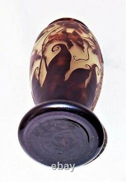 Emile Gallé inspired Art Nouveau style art glass acid etched 15 cameo vase euc