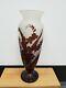 Emile Galle signed Large Brown Floral Cameo Glass Fluted Vase French Antique Art