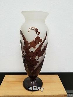 Emile Galle signed Large Brown Floral Cameo Glass Fluted Vase French Antique Art
