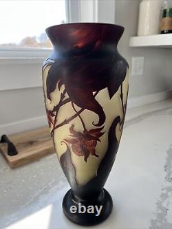 Emille Galle Signed Cameo Vase tri color foliage design. Brown/Orange 14.5H