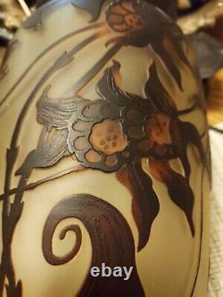 Emille Galle Signed Cameo Vase tri color foliage design. Brown/Orange 14.5H