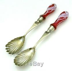 English RED CAMEO GLASS and Silverplate SALAD SERVERS John Grinsell c1875