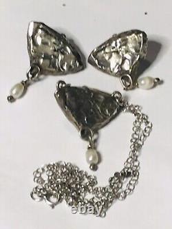 Estate 925 Art Deco Style Translucent Triangle Cameo Lavaliere Pearls & Earrings