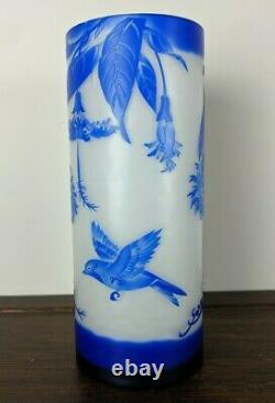 Etched Cameo Glass Vase Signed GALLE Art Nouveau Blue Bird Leaves Foliage Design