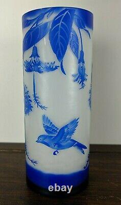 Etched Cameo Glass Vase Signed GALLE Art Nouveau Blue Bird Leaves Foliage Design