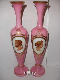 Exquisite Antique 19th Pair Moser Bohemian pink glass vases cameo portrait