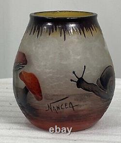 FRENCH CAMEO ART GLASS Signed NANCEA Mushrooms and Snails