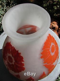 Fabulous Rare 1920s Degue Cameo Glass Vase Art Deco France Orange Flowers