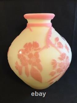 Fenton Art Glass Cameo Carved Floral On Burmese Vase LIMITED to 275