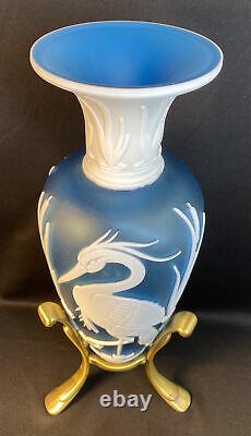 Fenton Art Glass Cameo Carved Heron On Blue Milk Overlay Vase LIMITED