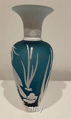 Fenton Art Glass Cameo Carved Heron On Blue Milk Overlay Vase LIMITED #5
