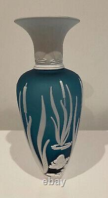 Fenton Art Glass Cameo Carved Heron On Blue Milk Overlay Vase LIMITED #5