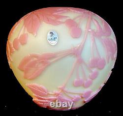 Fenton Art Glass Cameo Carved Pot Of Cherries On Burmese Vase LIMITED EDITION