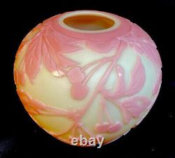 Fenton Art Glass Cameo Carved Pot Of Cherries On Burmese Vase LIMITED EDITION