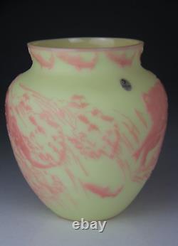 Fenton Art Glass Cameo Carved Salmon Run on Burmese Vase Limited # 13 of 75