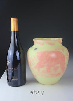 Fenton Art Glass Cameo Carved Salmon Run on Burmese Vase Limited # 13 of 75
