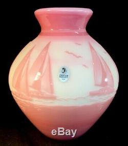 Fenton Art Glass Cameo Carved Sunset Sails On Burmese Vase LIMITED #28 Of 350