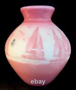 Fenton Art Glass Cameo Carved Sunset Sails On Burmese Vase LIMITED #28 Of 350