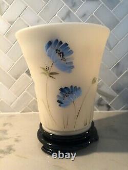 Fenton Art Glass Cameo Hand-painted Blue Floral Flip Vase with Glass Base
