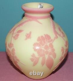 Fenton Art Glass Kelsey Murphy Cameo Carved Cherry Blossoms on Burmese Vase LE