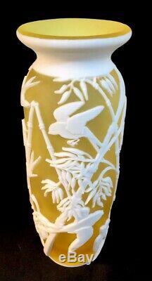 Fenton Cameo Carved Buttercup Cased Milk Vase Swallows In The Bamboo LIMITED