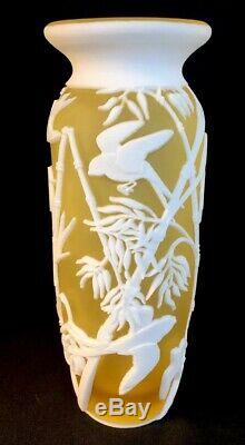 Fenton Cameo Carved Buttercup Cased Milk Vase Swallows In The Bamboo LIMITED