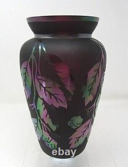 Fenton Dark Amethyst Iridized Satin Glass Vase Carved Leaves of Gold Reynolds