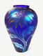 Fenton Favrene Art Glass Vase iridescent Cobalt Blue Chrysanthemum gold trim
