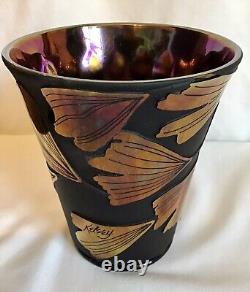 Fenton Gingko Leaves Sand Carved Kelsey Murphy Black Iridescent Cameo Glass Vase