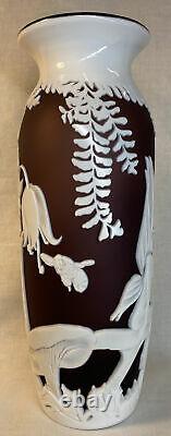 Fenton Glass Cameo Carved Aubergine Cased In Milk Vase Spring Fairy 26 /175