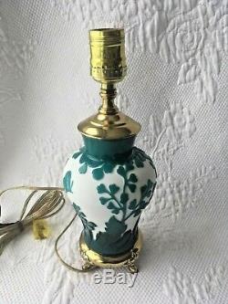 Fenton Kelsey Murphy Pilgrim Cameo Glass Dresser Lamp Green White Butterfly