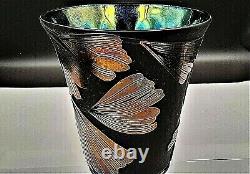 Fenton Kelsey Sand Carved Gingko Leaves Black Iridescent Cameo Glass Vase