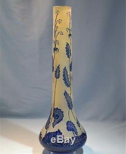 French Acid Etched Cameo Art Glass Blue Yellow Vase 20th Century