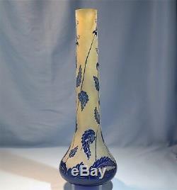 French Acid Etched Cameo Art Glass Blue Yellow Vase 20th Century