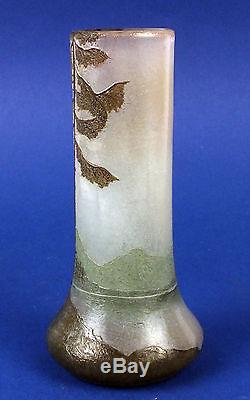 French Art Nouveau Acid Etched Cameo Glass Enamel Vase Legras Landscape