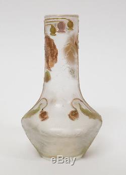 French Art Nouveau Acid-Etched Cameo Glass Vase Enamel Mont Joye & Legras & Cie