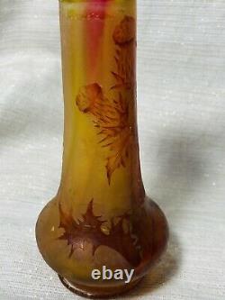 French Art Nouveau Acid Etched Enameled Cameo Thistle Vase-Signed Daum Nancy