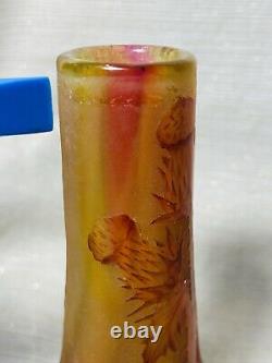French Art Nouveau Acid Etched Enameled Cameo Thistle Vase-Signed Daum Nancy