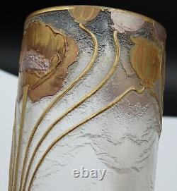 French Art Nouveau Floral Legras Cylinder Glass Vase Signed by Mont Joye Enamel