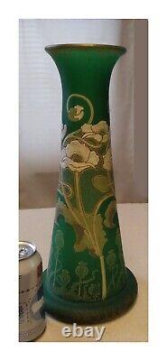 French Art Nouveau Mont Joye 14 Green Satin Glass Vase Enameled Impasto Flowers