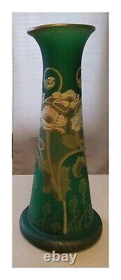 French Art Nouveau Mont Joye 14 Green Satin Glass Vase Enameled Impasto Flowers