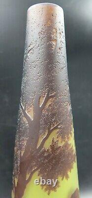 French Art Nouveau Richard Cameo Glass Flower Vase Forest with Village Scene