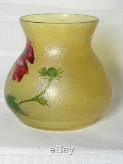 French Cameo, Beautiful Floral Acid Etched Enameled Poppy Vase, Daum Galle Era