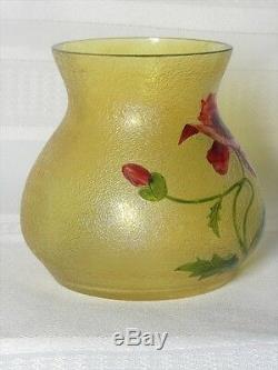 French Cameo, Beautiful Floral Acid Etched Enameled Poppy Vase, Daum Galle Era