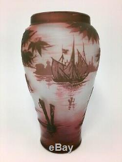French Cameo Glass Vase De Vez Boats & Water Scenes Awesome Colors 7 Tall