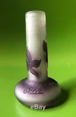 French Galle Glass Miniature Cameo Bud Vase Art Nouveau Purple Flowers
