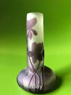 French Galle Glass Miniature Cameo Bud Vase Art Nouveau Purple Flowers