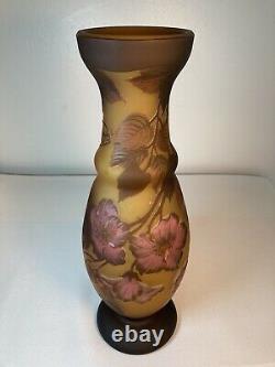 French Galle Tip Pink Amber Brown Flower Reproduction Cameo Glass 12-1/2 Vase